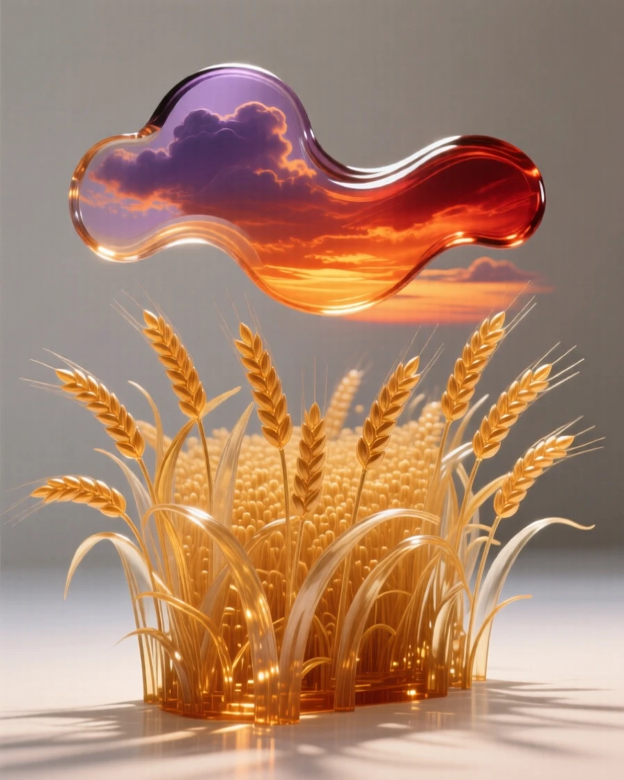 A golden wheat field under a dramatic sky bathed in the warm glow of sunset, rich saturated colors, evoking a deep sense of wonder.