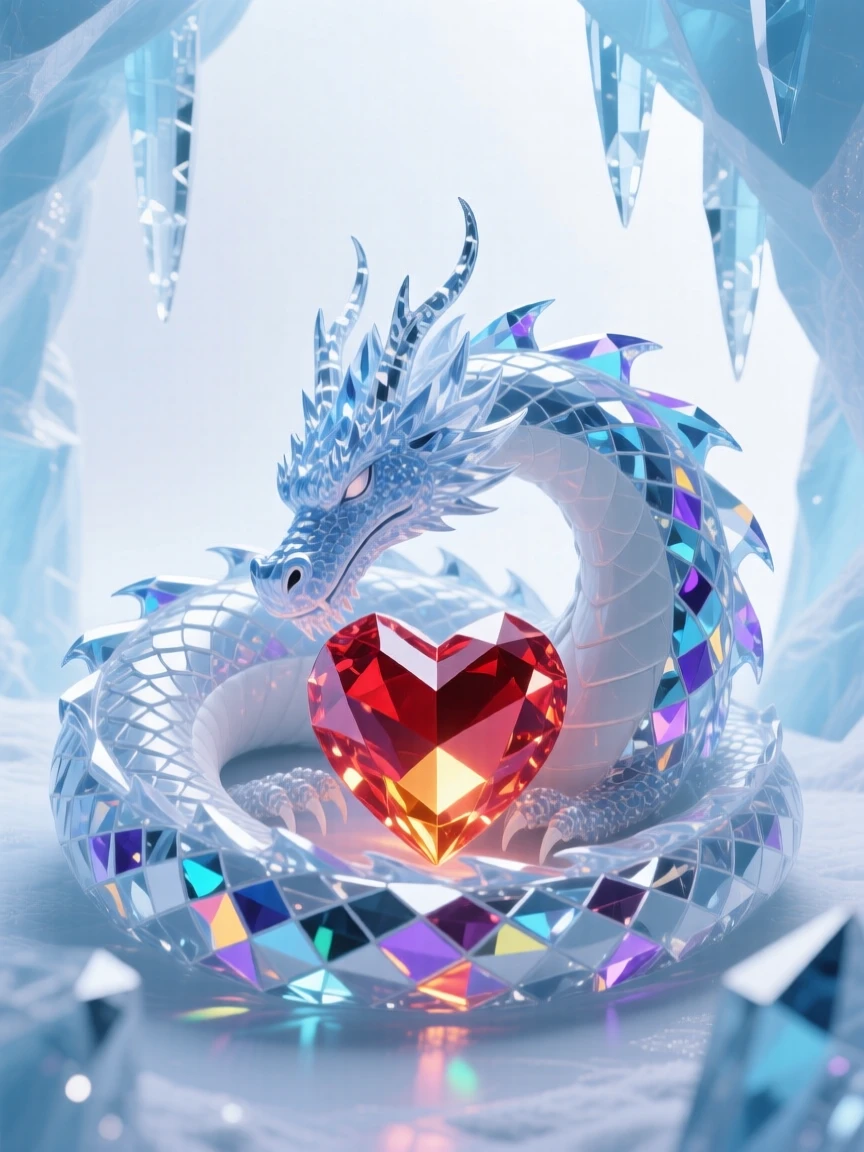 An enchanted ice cave with a sleeping dragon curled around a glowing crystal heart.
