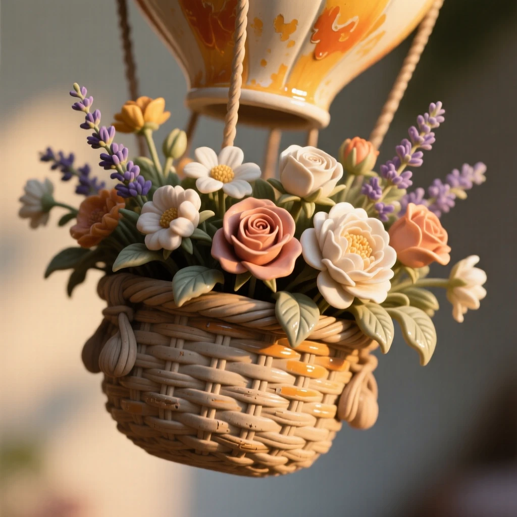 A hot air balloon basket filled with blooms captured mid-use in a nostalgic tableau, bathed in a nostalgic golden glow, evoking nostalgia and quiet charm.