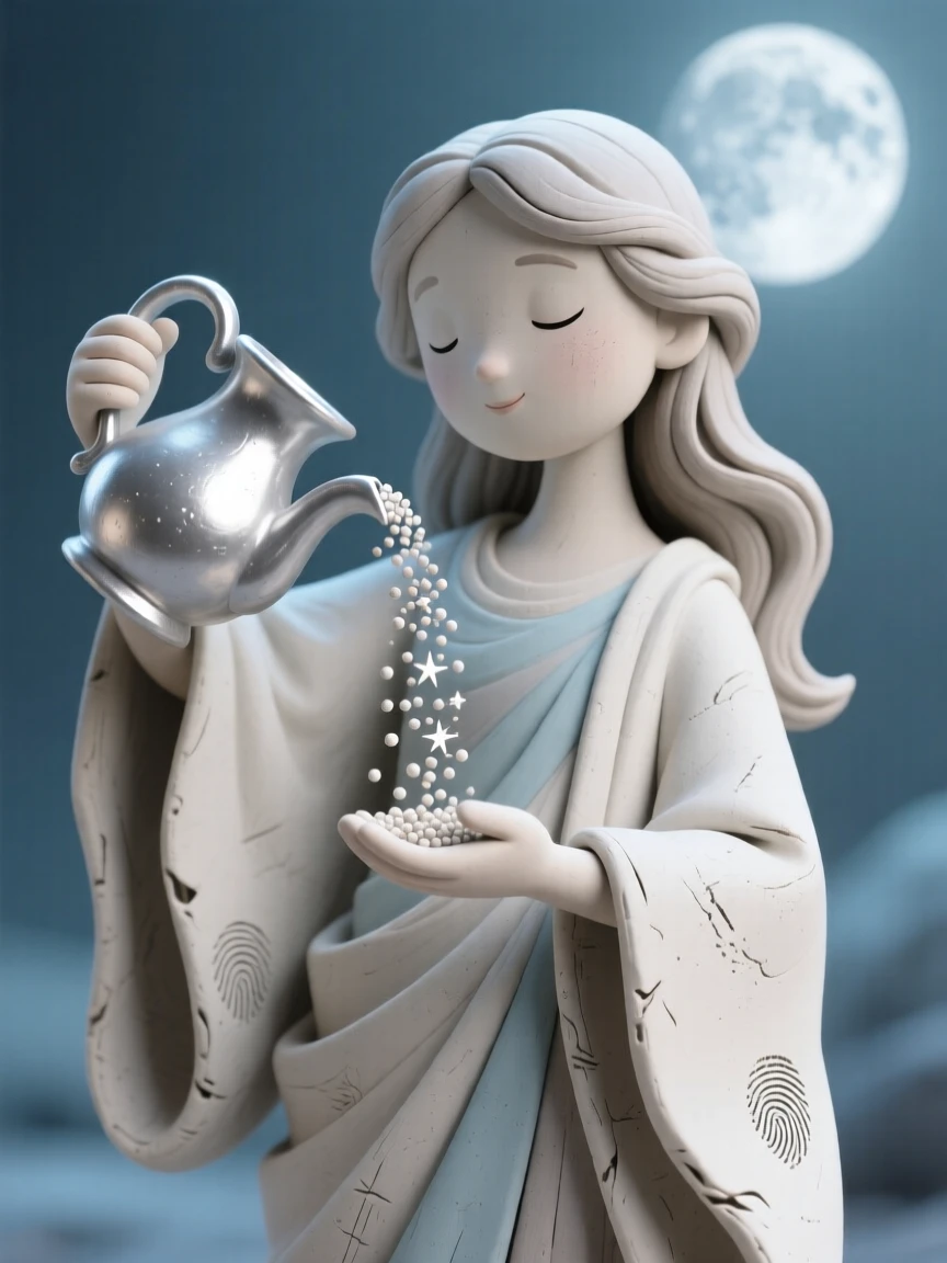 A moon goddess spirit pouring stardust from a silver pitcher