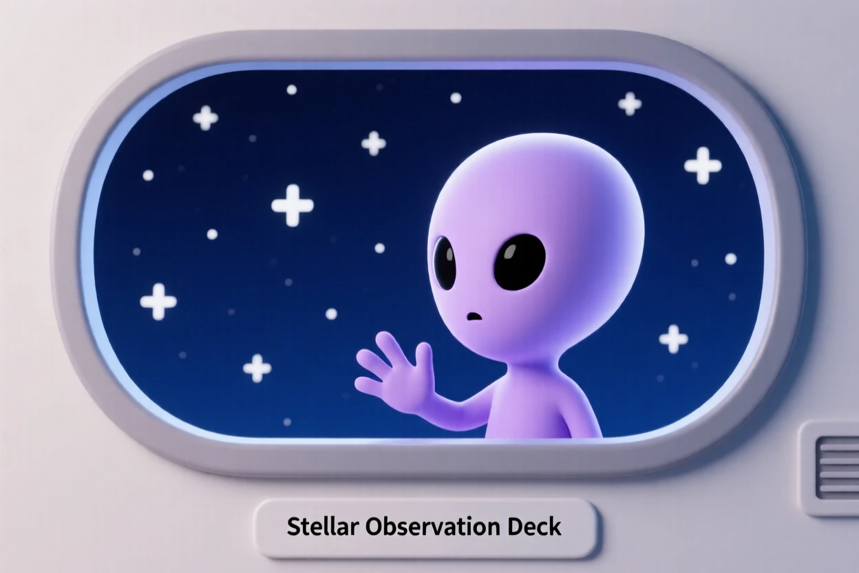 A curious purple alien child presses its hand against a spaceship window, gazing wide-eyed at passing stars.