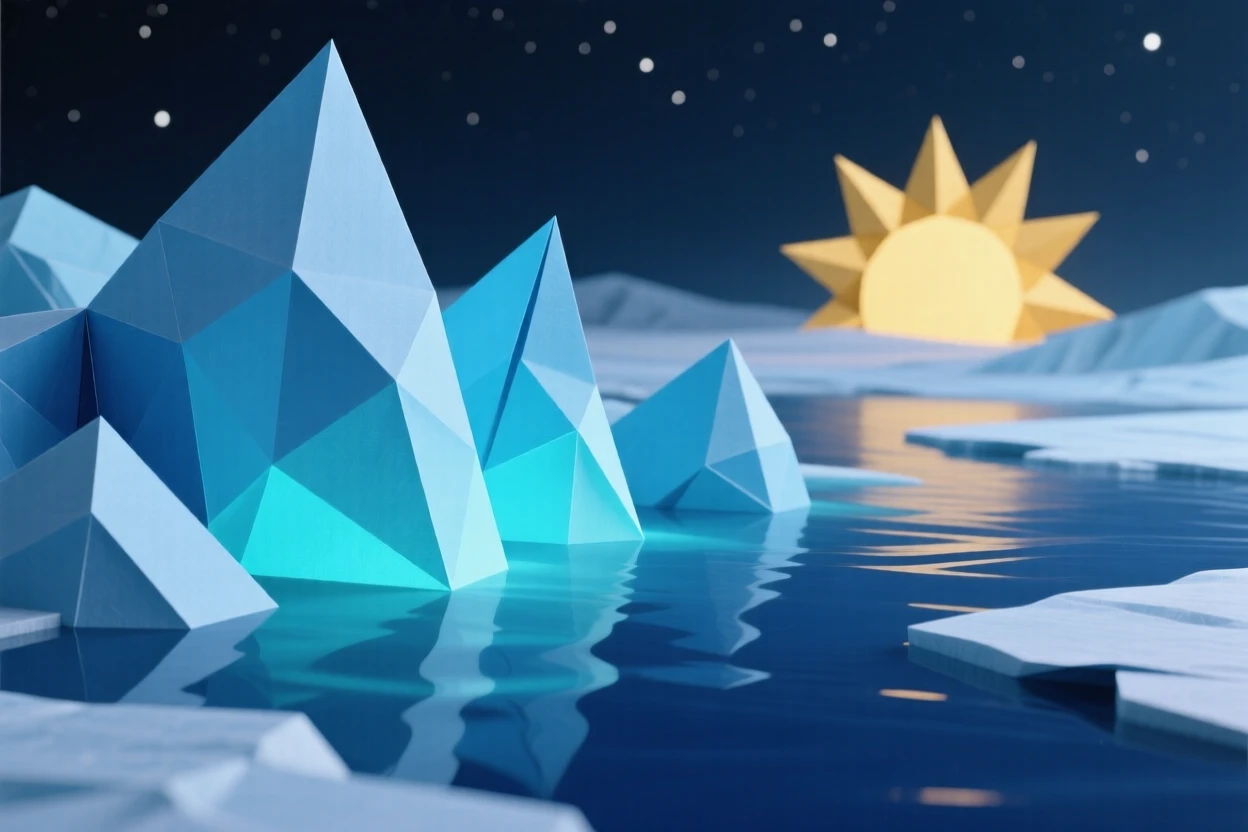 The dramatic ice formations of a glacier lagoon glowing blue under the midnight sun.