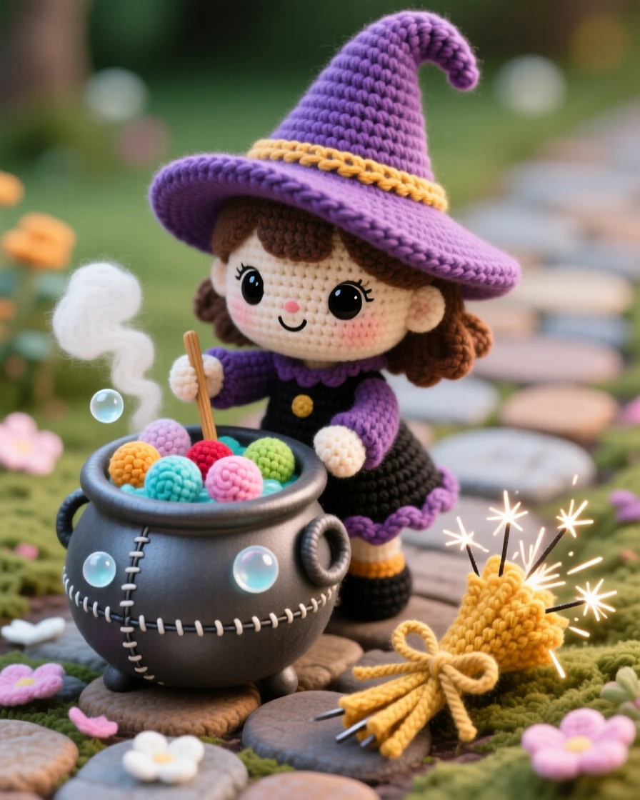 A festive scene of a small girl in a witch costume with a tiny pointed hat, stirring a bubbling cauldron of candy within a peaceful garden path scattered with fallen petals; a bundle of sparklers ready to light nearby, radiating playful delight in seasonal change.