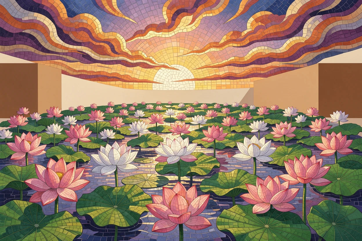 A wide panoramic view of a peaceful pond covered in blooming lotus flowers at sunrise, with dramatic clouds and rich natural color.