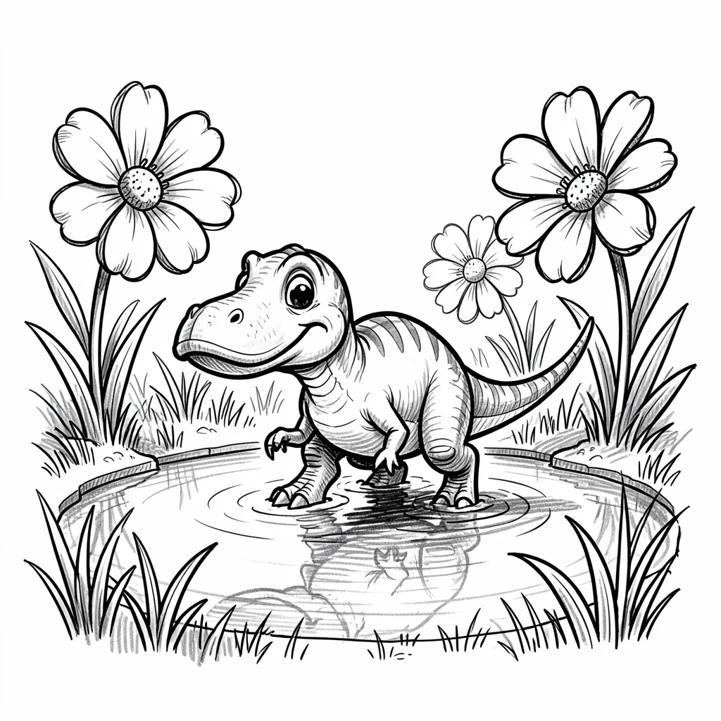 A duck-billed dinosaur wading in a lake in a meadow of giant flowers.