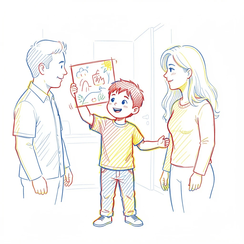 A young boy proudly presenting a crayon drawing to his parents