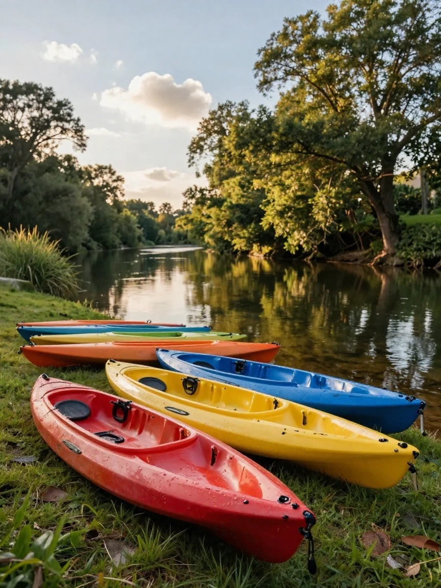 A row of colorful kayaks lined up on a riverbank