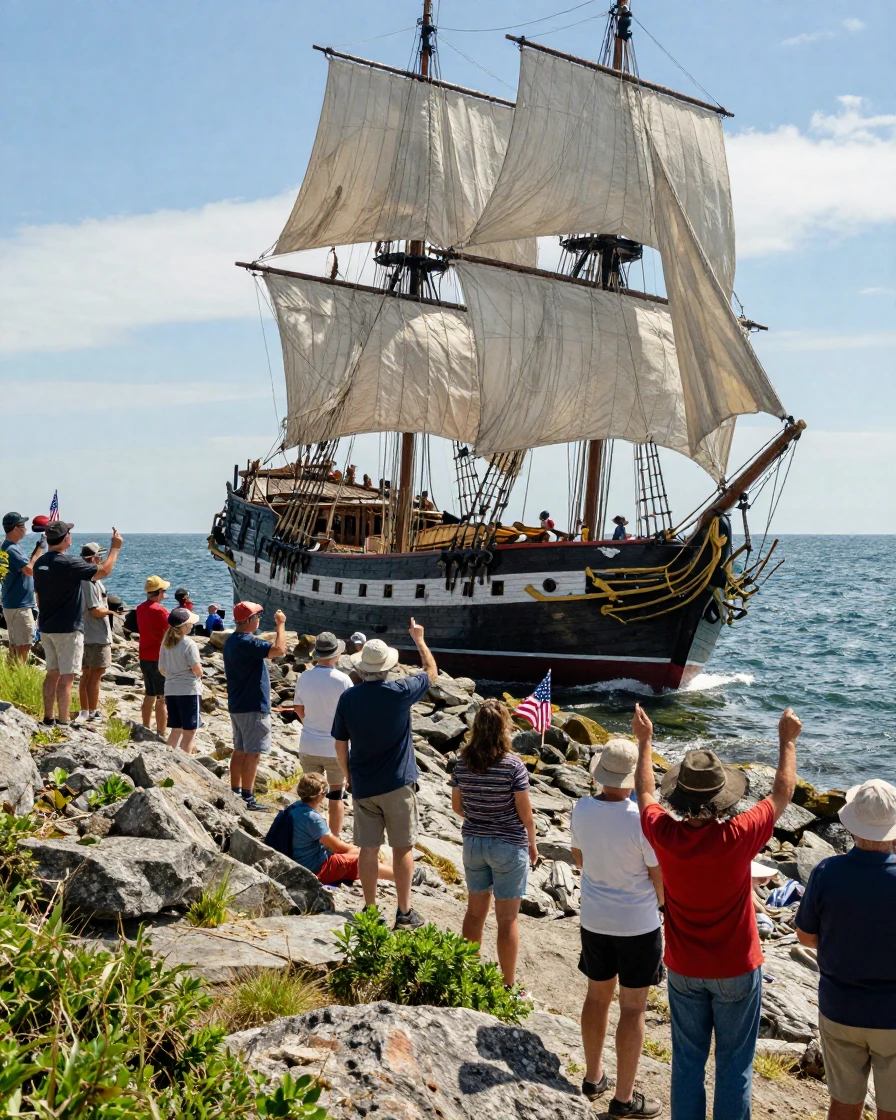 An old whaling ship replica sails past a rocky coastline lined with cheering spectators.
