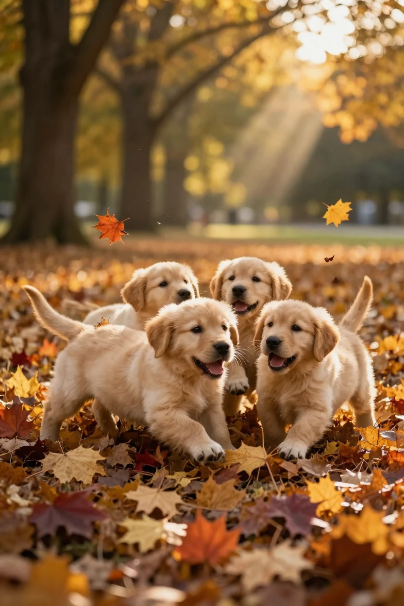 A litter of golden retriever puppies tumbling over each other in a pile of autumn leaves
