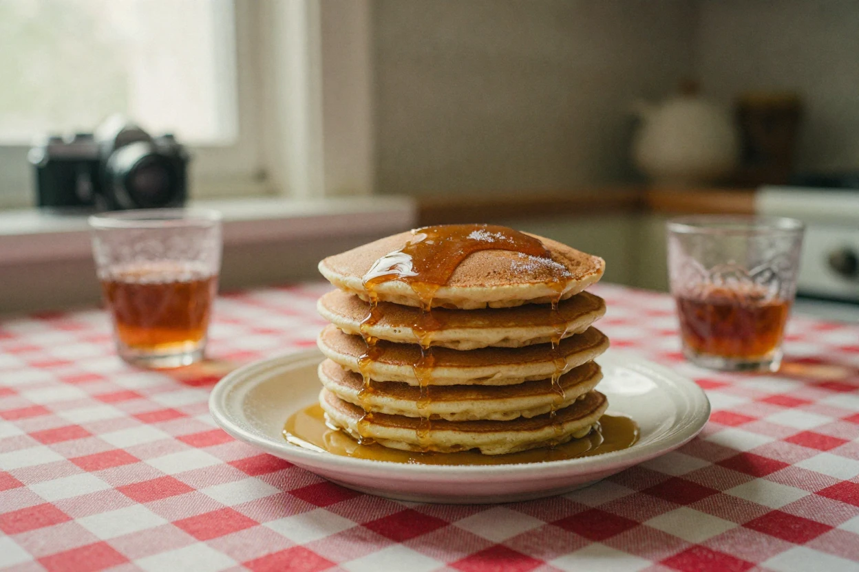 A stack of pancakes drizzled with syrup on a checkered tablecloth, in soft window light, with frost coating every surface, in the height of summer, dominated by warm amber and rust tones, from a wide establishing view.