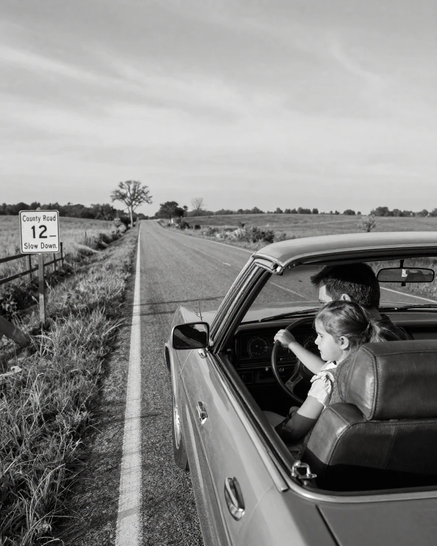 A father teaches his daughter to drive on an empty road through a quiet rural landscape.