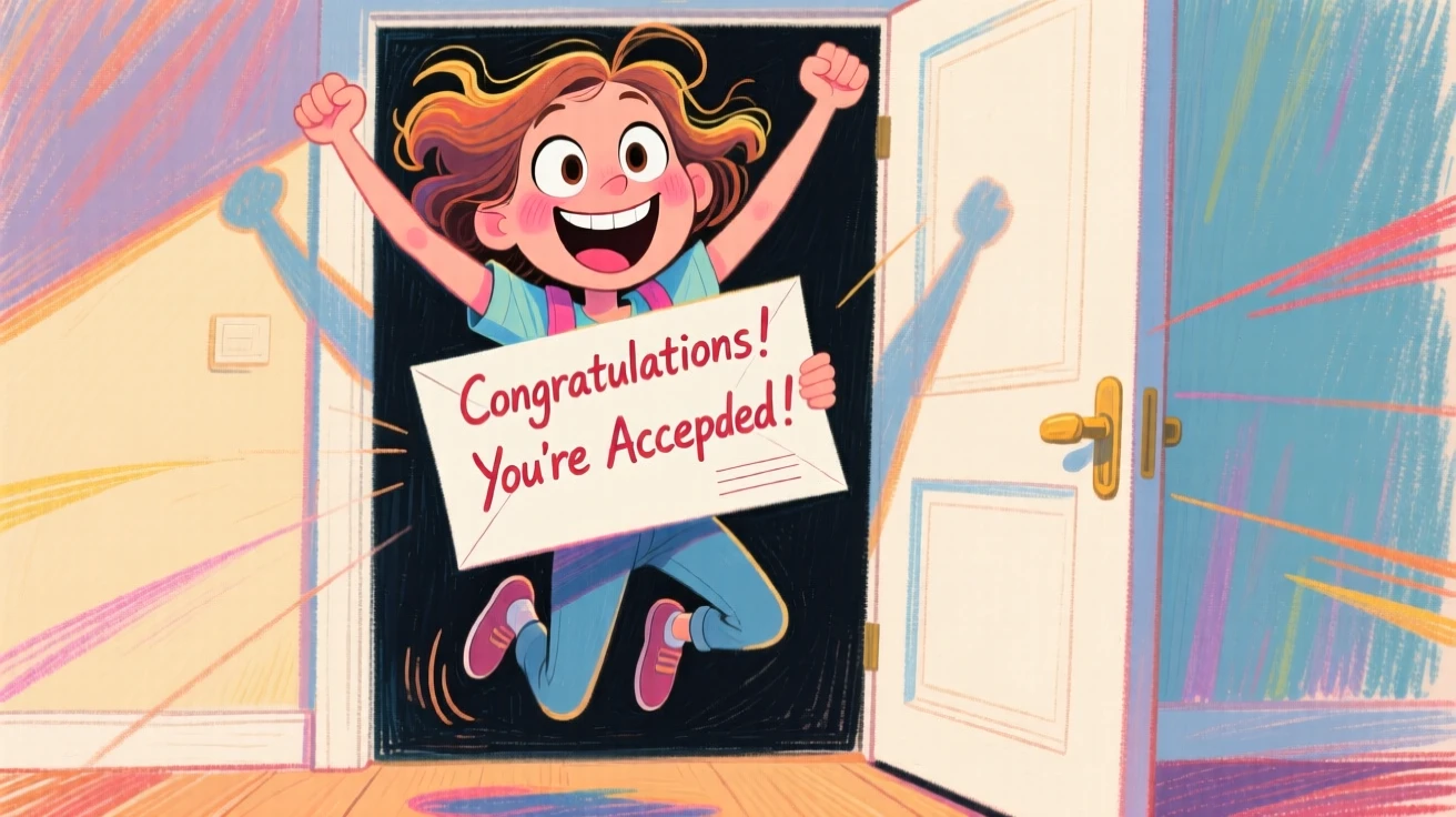 A young woman receiving her acceptance letter, jumping with joy in her doorway.