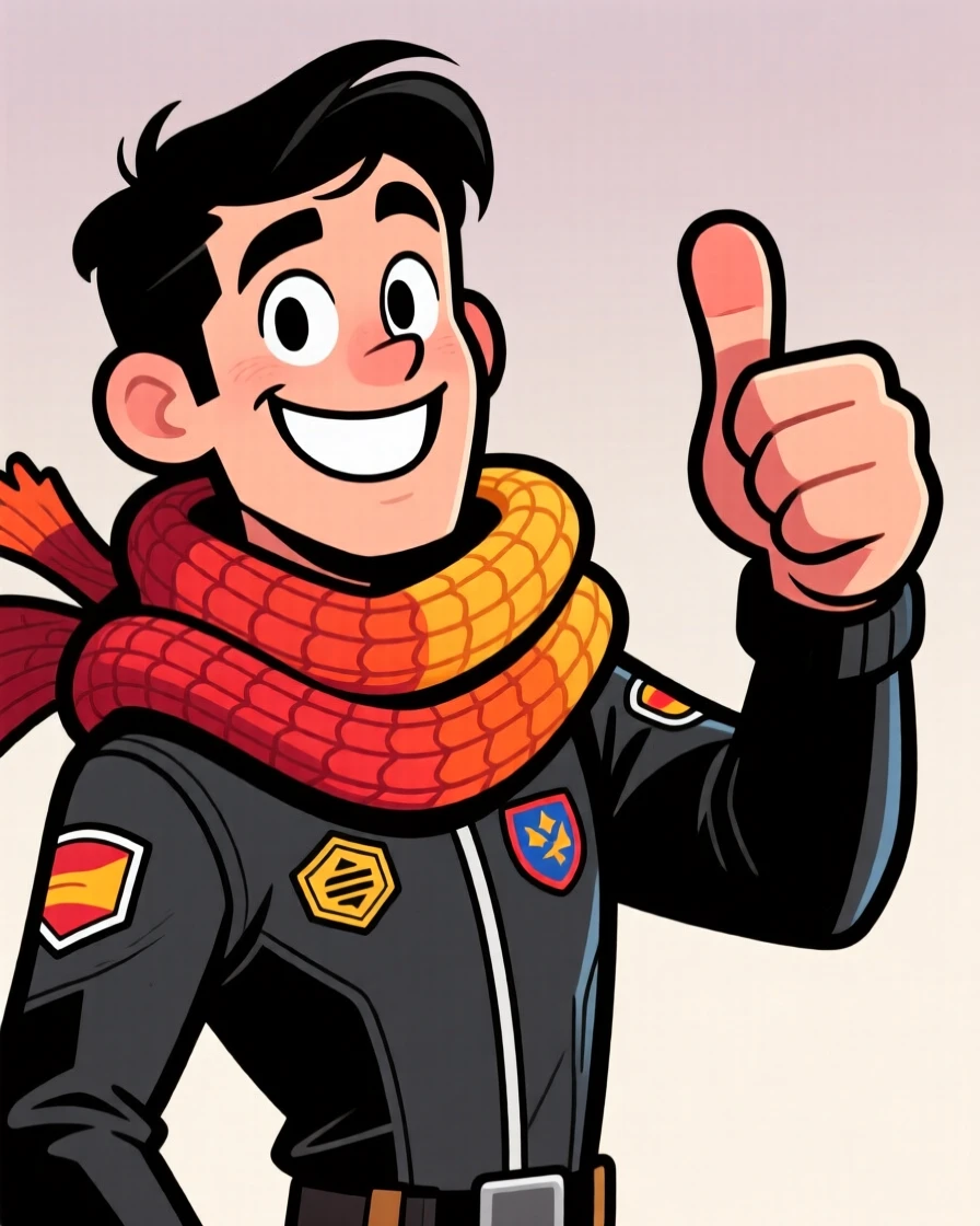A charming portrait of a daring stuntman, giving an exaggerated thumbs up, wrapped in a cozy oversized scarf.