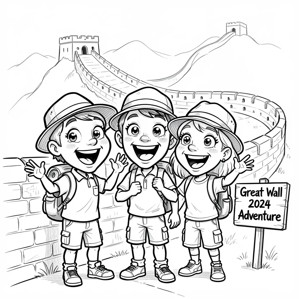 [Travel & Cultural Experiences] Vivid travel scene of a family posing joyfully in front of the Great Wall of China, full of wonder and adventure