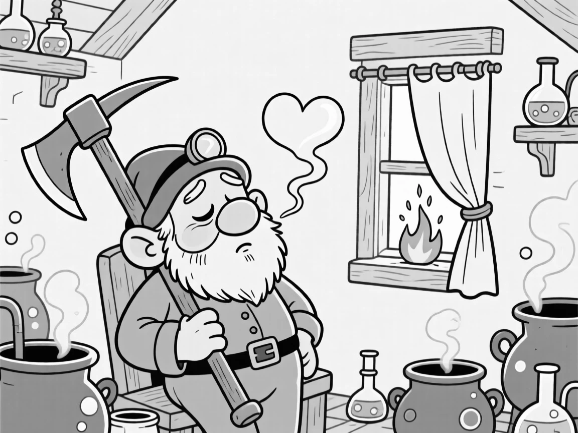 A sleepy dwarf miner leaning on an oversized pickaxe, burping out a smoke ring shaped like a heart, set in a cluttered cottage full of bubbling cauldrons. A stray spark sets a curtain gently smoldering. The image invites you to imagine the tale behind the mishap.