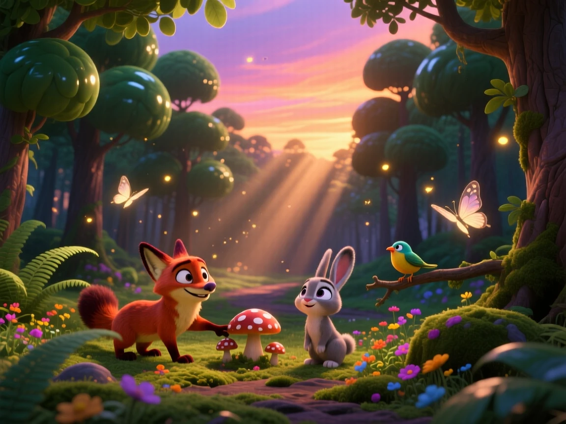 A dense emerald forest glows as the last light of sunset paints the sky in orange and pink, with soft shadows stretching long across the ground. A gentle reverence for nature's beauty lingers here.