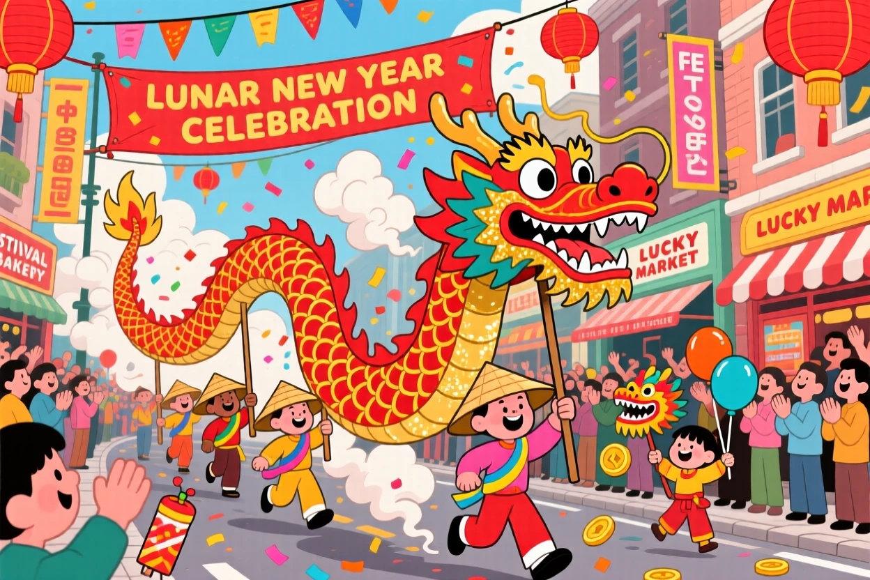A dragon dance parade winding through a festive city street.