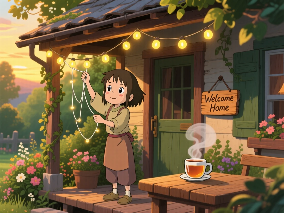 Someone hanging string lights across a cozy porch, steam rising gently from a mug of tea, the whole scene feeling full of homely charm.