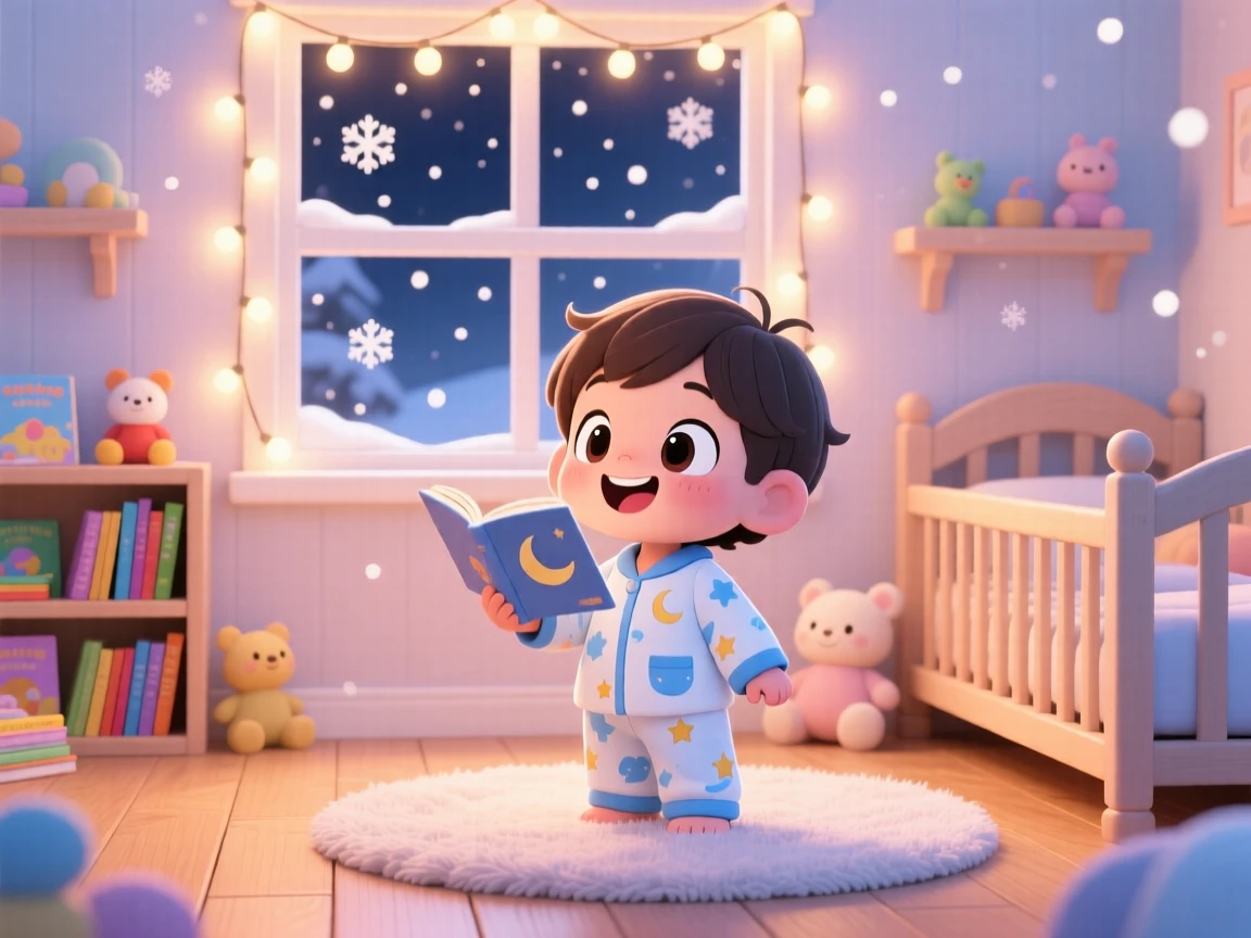 Full-body shot: a child in pajamas, listening to a bedtime story, set against a warmly lit nursery amid softly falling snow, with glowing string lights and a mood of playful mischief.