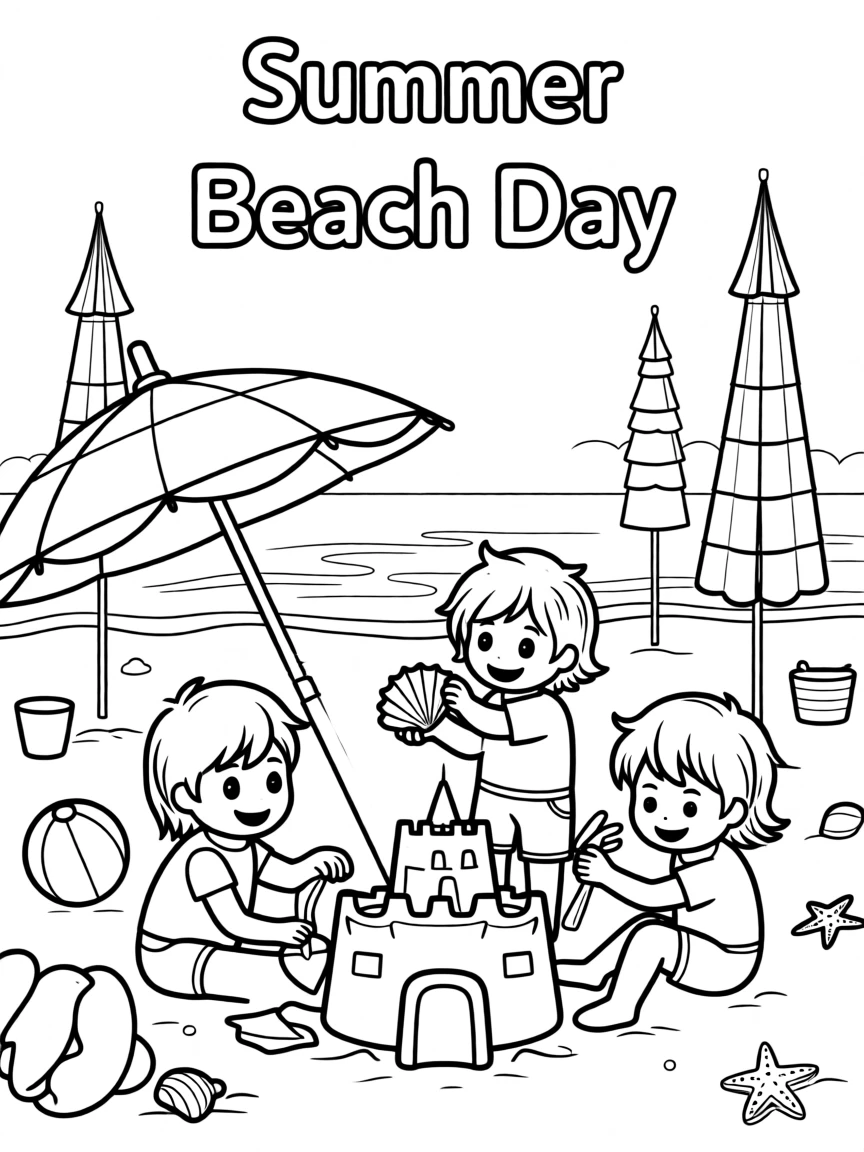A summer beach day with sandcastles and beach umbrellas