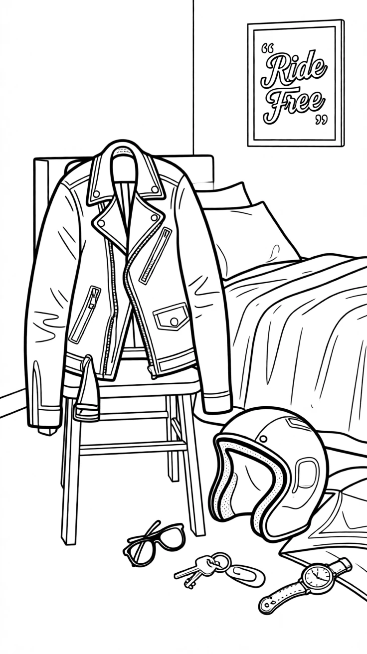 A leather jacket draped over a chair beside a motorcycle helmet, laid out on a bed surrounded by scattered accessories.