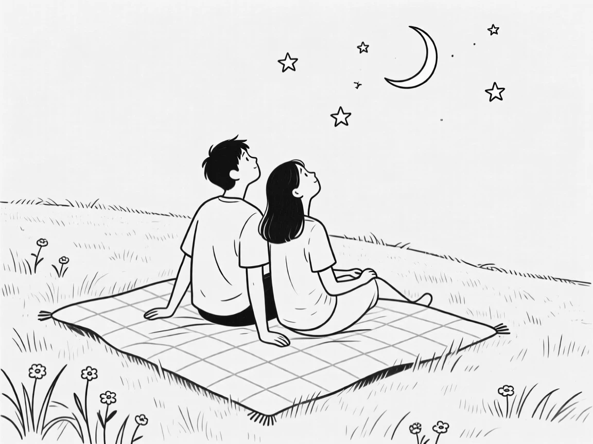 A young couple stargazing on a blanket in a field