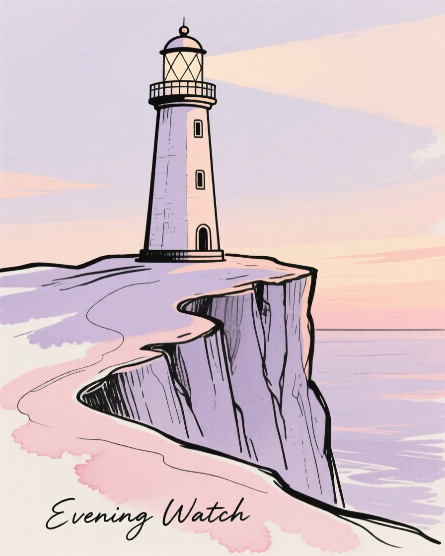 A lighthouse on a cliff at dusk