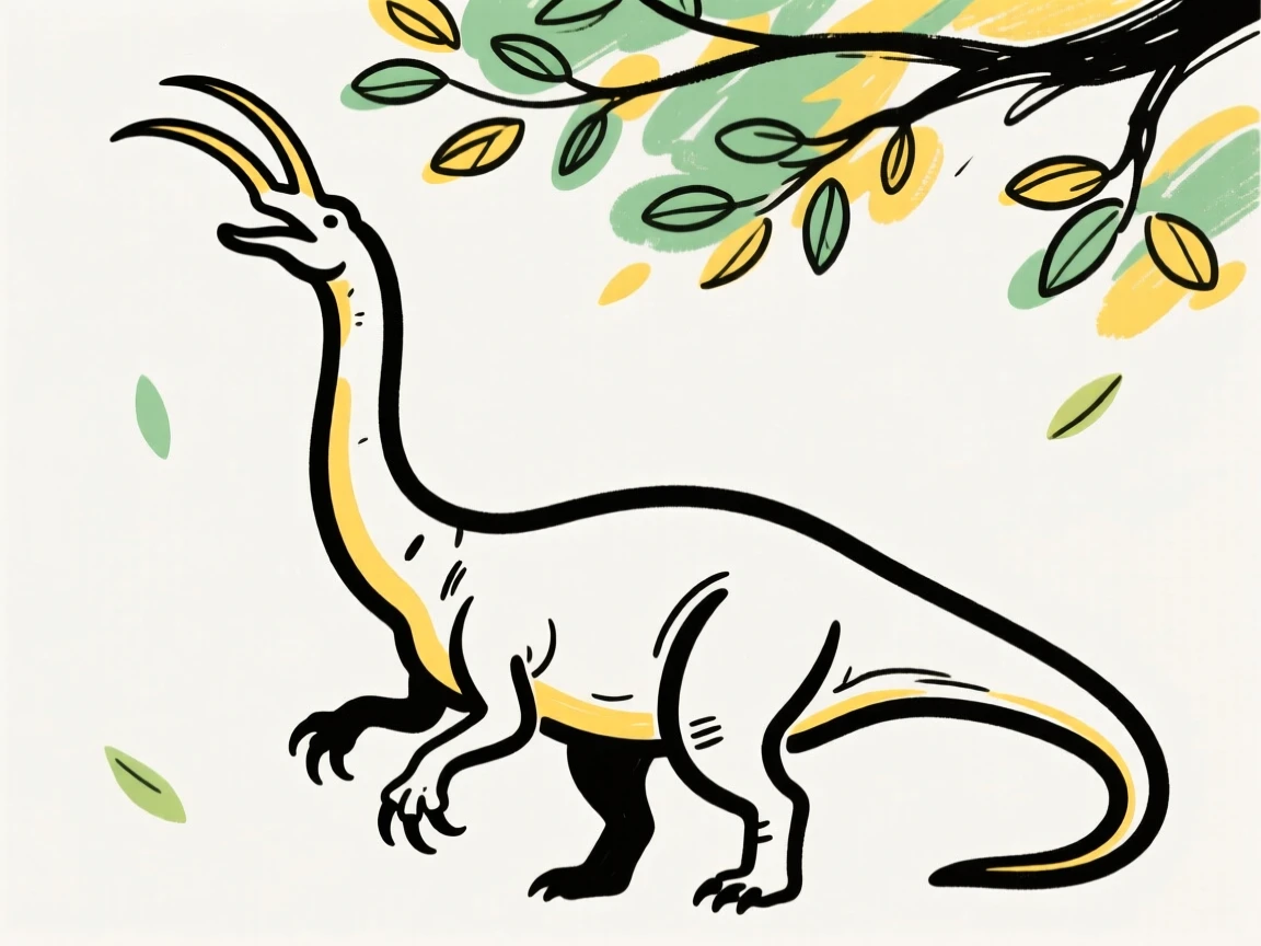 A Therizinosaurus reaching with its long claws to grab tree leaves.