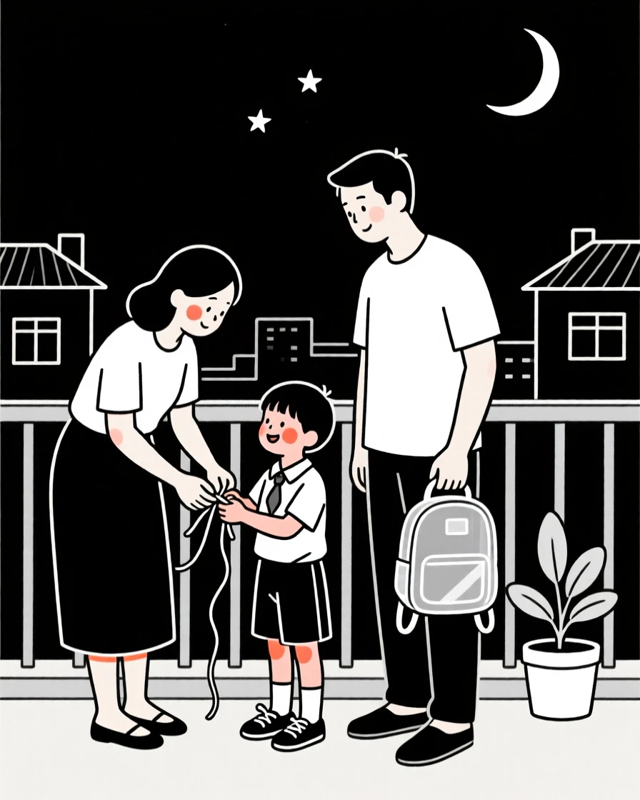 A family of Thai heritage preparing for a first day of school, on a city balcony at night.