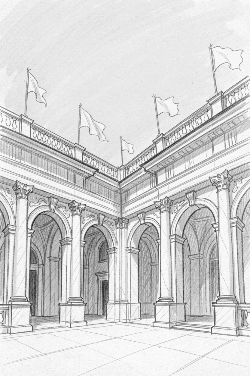 Sweeping architectural view of a grand marble palace courtyard, beneath a clear blue sky, with flags gently fluttering in the breeze.