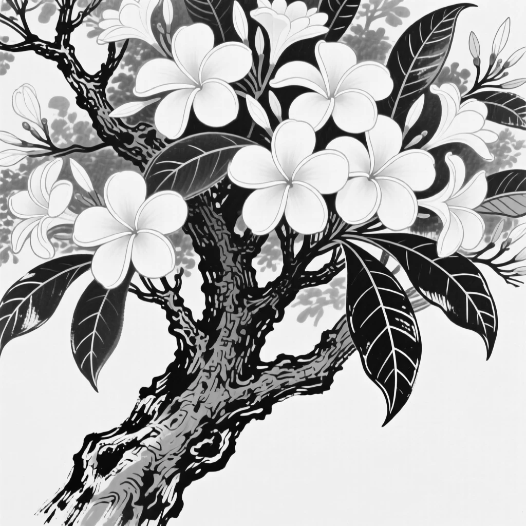 A blooming plumeria tree with fragrant white and yellow flowers.