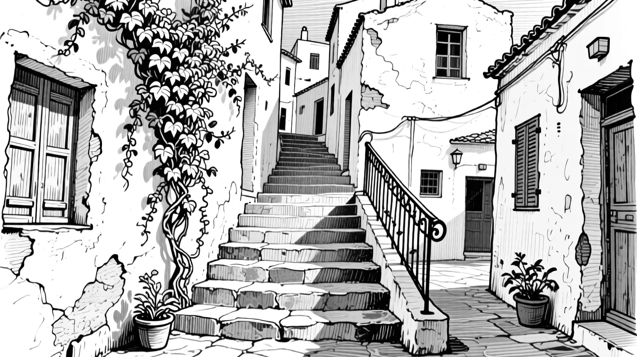A greek village of whitewashed buildings with ivy climbing its weathered walls, featuring worn stone steps polished by centuries of footsteps, rendered in a quietly charming architectural composition.