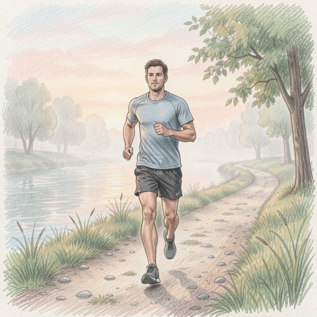 A runner jogging along a misty riverside path at dawn, captured in a quiet, unhurried moment of everyday life, evoking mindfulness, patience, and simple contentment.