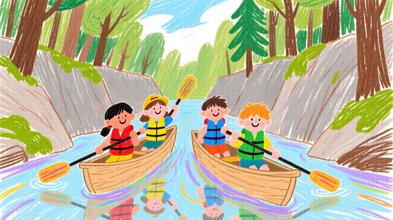 A group of campers paddling through a quiet forested canyon.