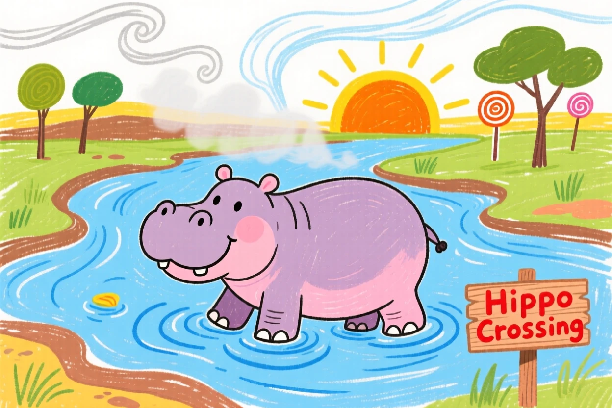 A hippopotamus wading in a river as the morning mist rises over the savanna.