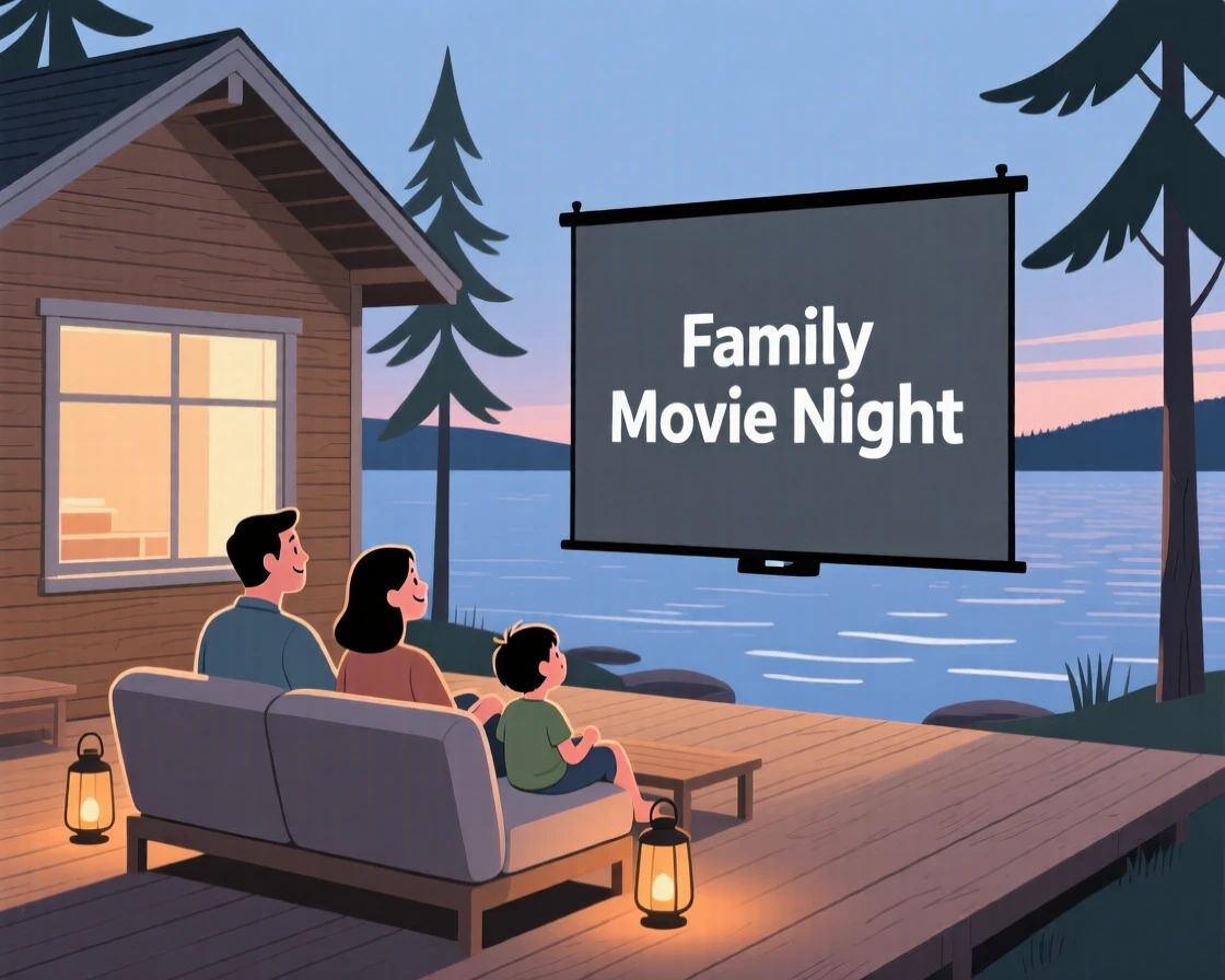 A family watching a movie together at a lakeside cabin.