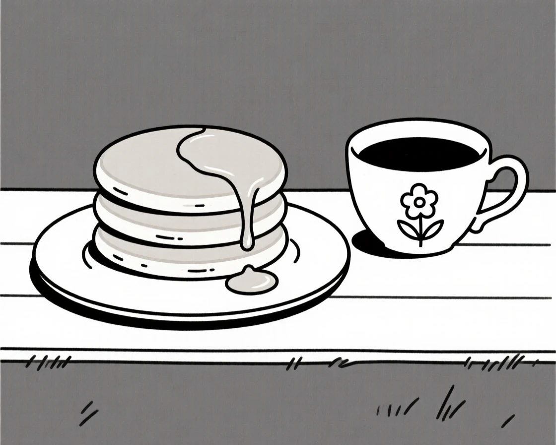 A homemade stack of pancakes with syrup cooling near a vintage teacup on an outdoor picnic setting, expressing simple satisfaction.