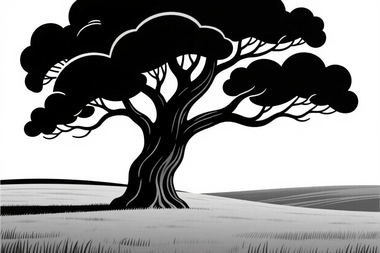 An ancient oak tree standing alone in a field.