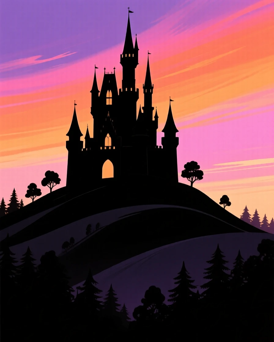 A fairy tale castle with turrets and spires perched on a forested hillside.