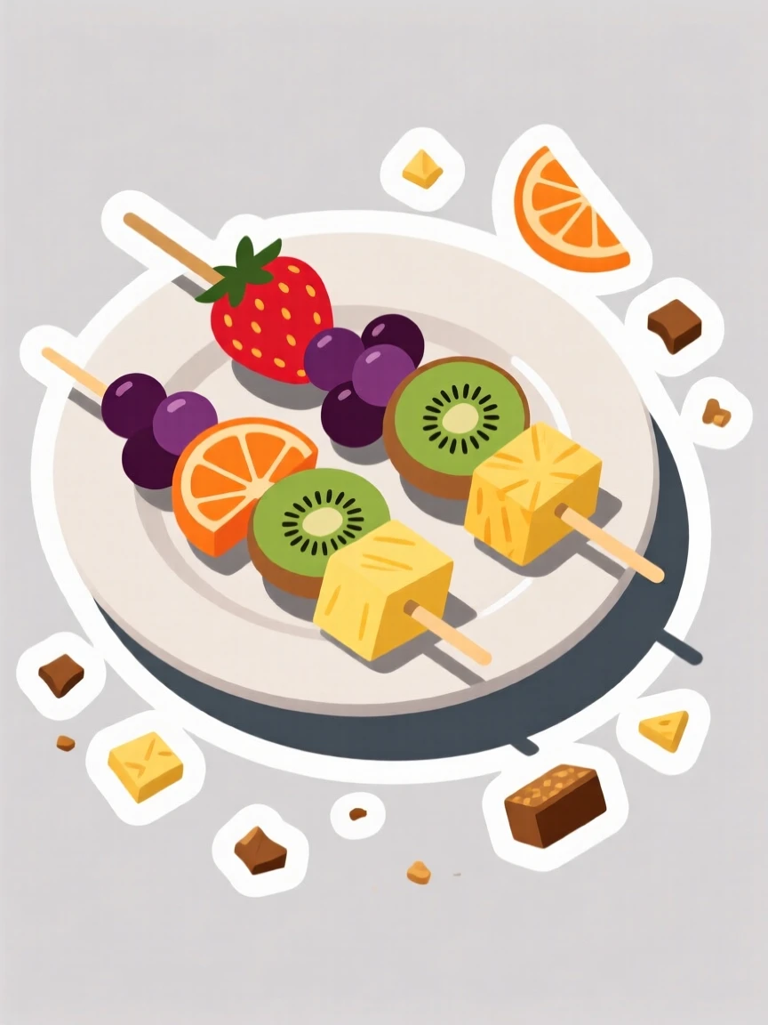 A beautifully garnished plate of colorful fruit skewers, surrounded by scattered crumbs, at an outdoor market stall.