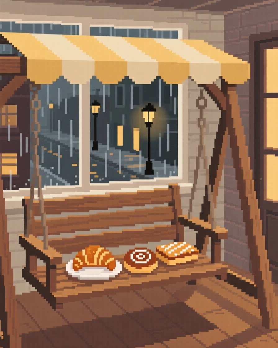 A covered porch swing set with a plate of fresh pastries, in a loft apartment above a rainy street.
