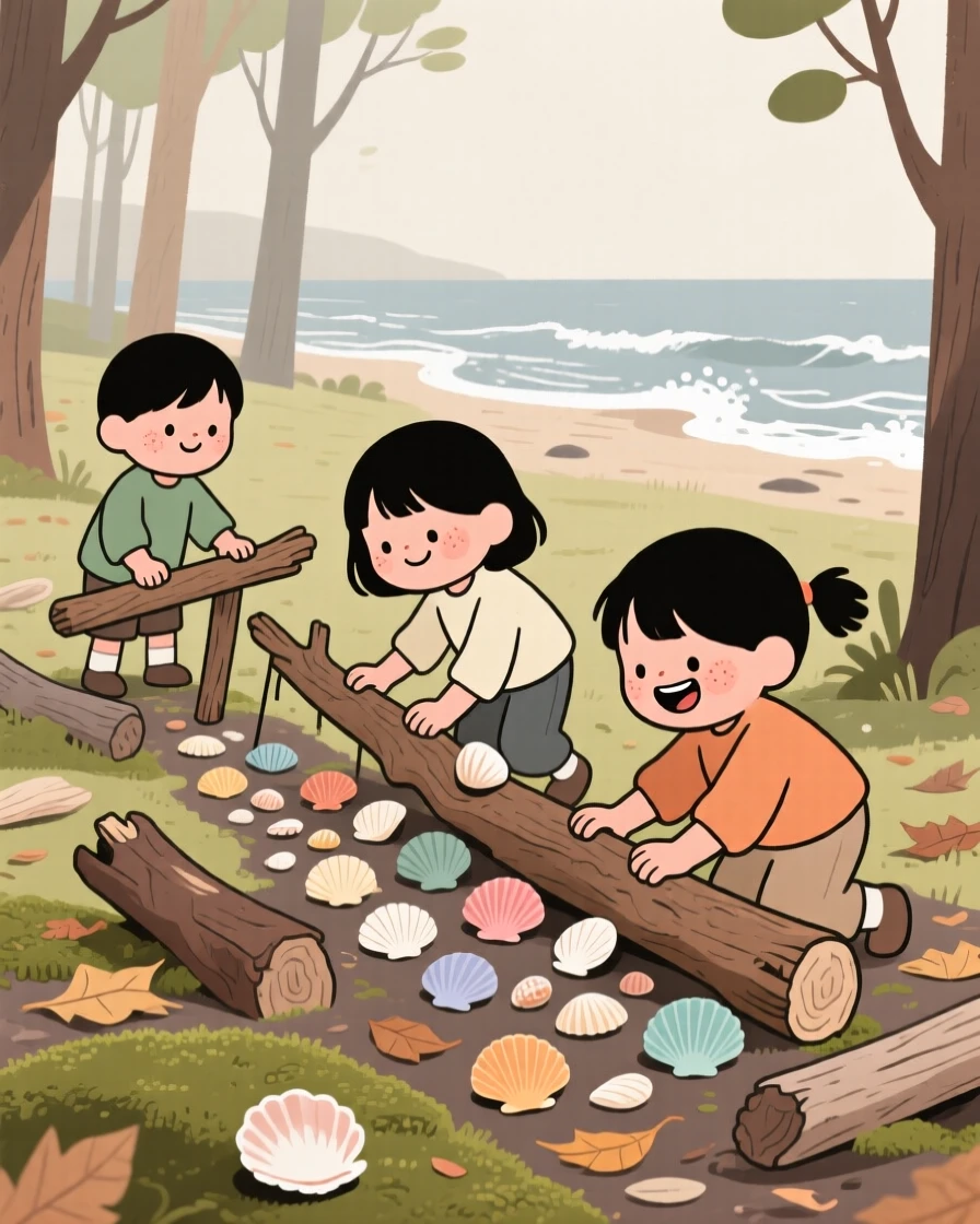 A small group of children build a obstacle course out of driftwood and shells in the quiet forest clearing, laughing as a wave rushes in to wash it away.