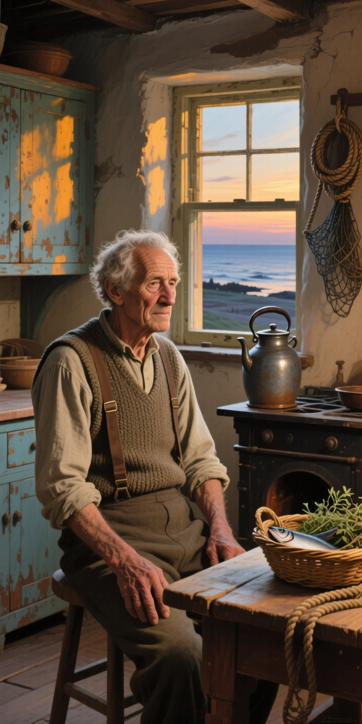 A medium shot of an old fisherman in a sunlit farmhouse kitchen, radiating quiet contentment, at dusk.