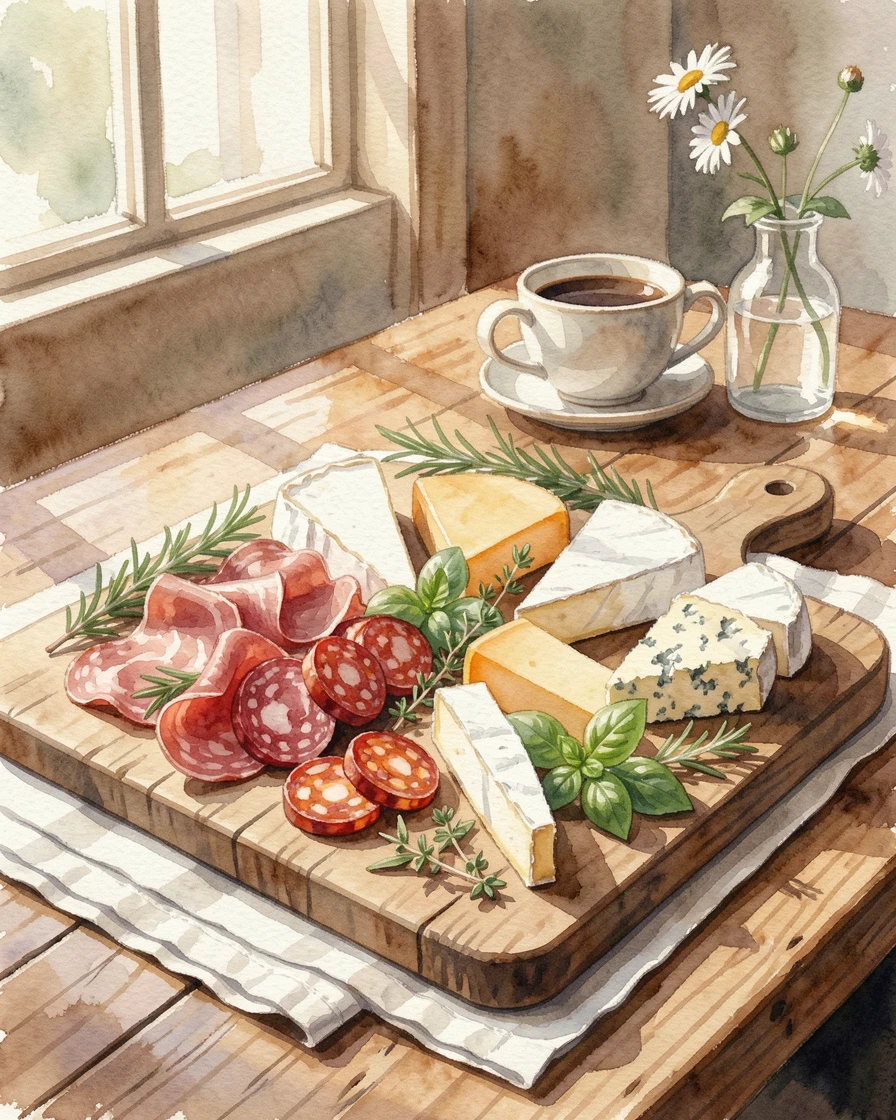 A charcuterie board with cured meats and cheeses in a cozy cafe setting garnished with fresh herbs.