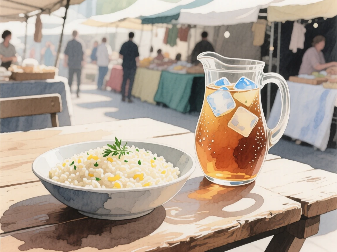 A bowl of creamy risotto sits beside a pitcher of iced tea at a bustling market stall, arranged beautifully for a delightful meal