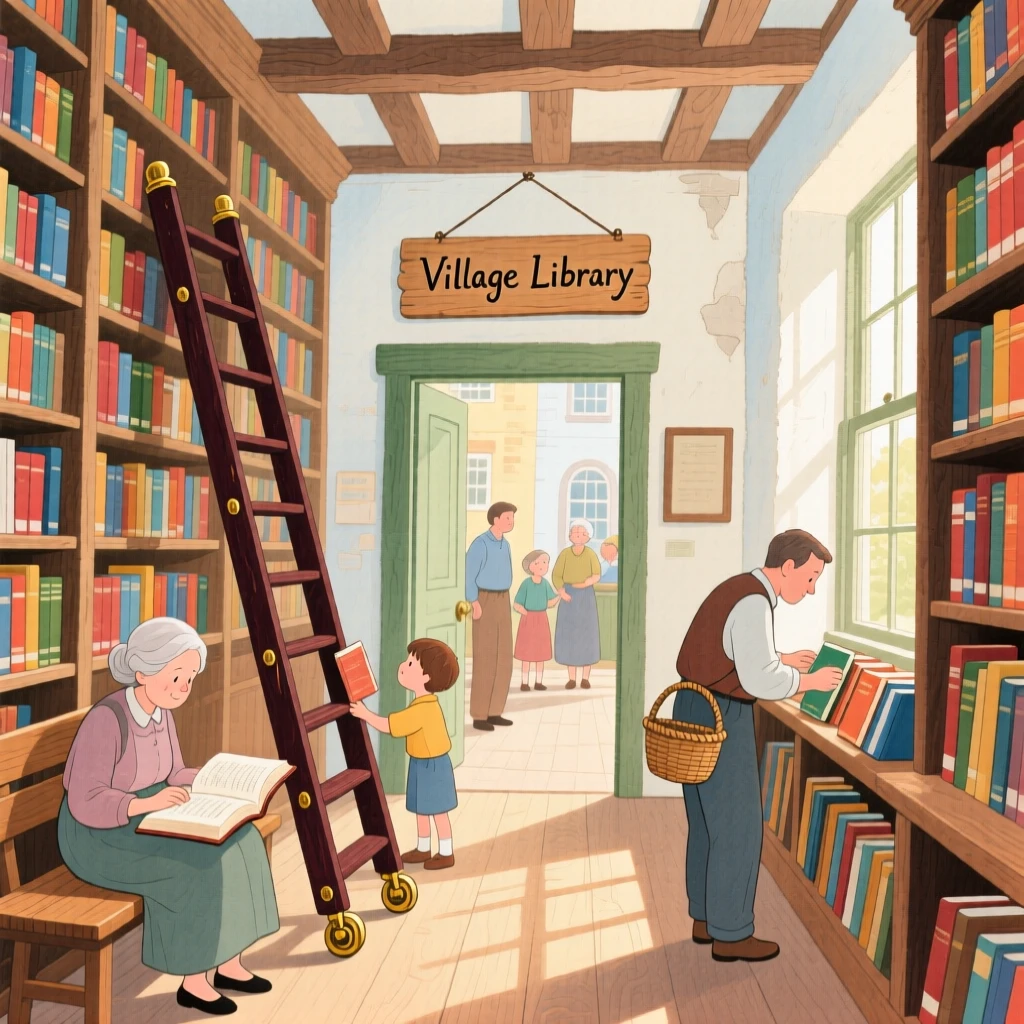 An old library with tall wooden shelves and a rolling ladder, bustling gently with everyday village life.