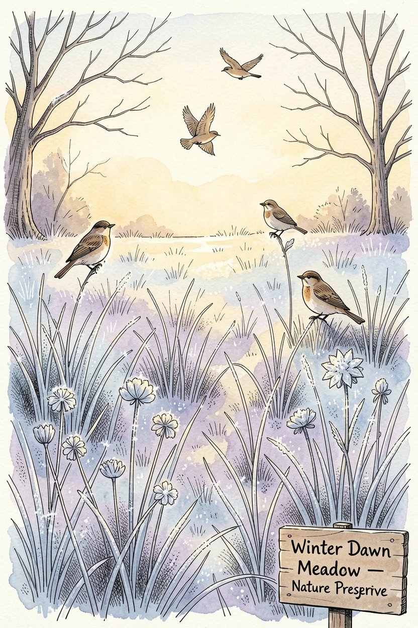 A frost-covered meadow catching the first light of a winter morning, birdsong drifting through the stillness of early morning.