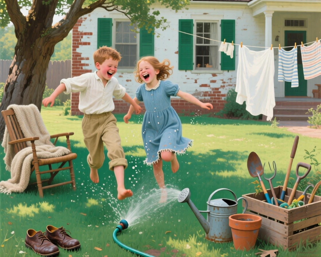 Siblings laughing together while jumping through a lawn sprinkler, surrounded by the comfortable clutter of everyday domestic life, celebrating the simple, universal joys of family life