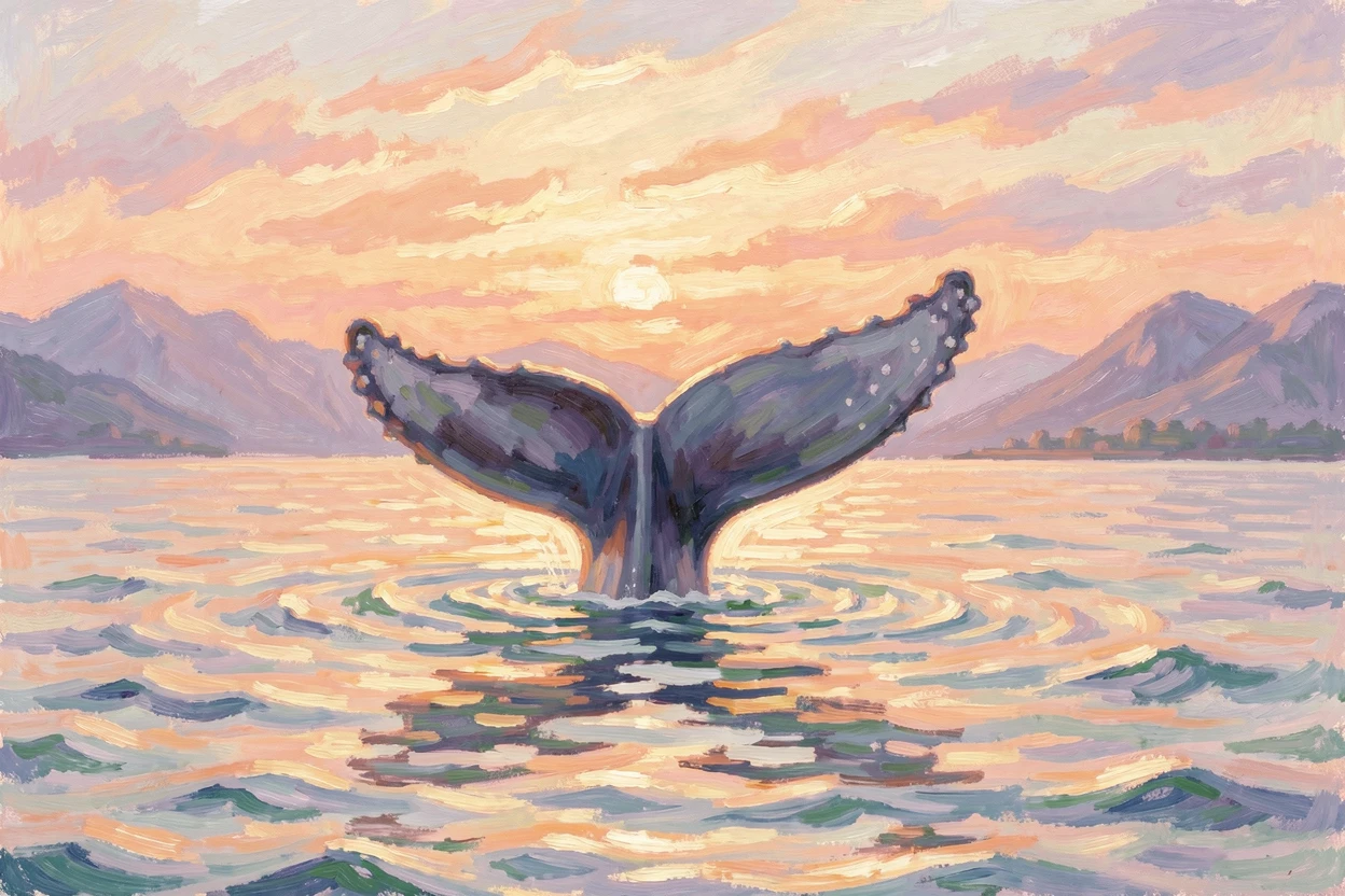 A humpback whale's tail rising above calm ocean water as the sun sets behind distant mountains.