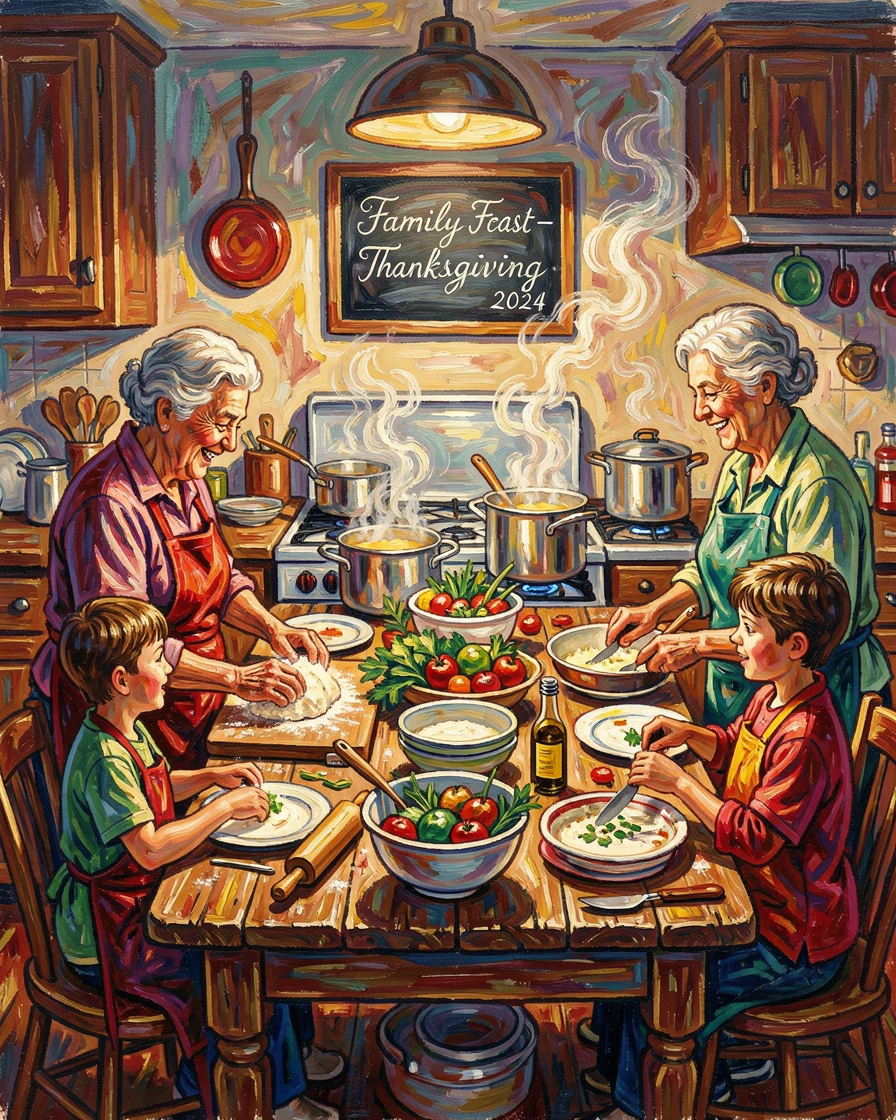 A busy kitchen with several generations cooking together for a holiday meal.